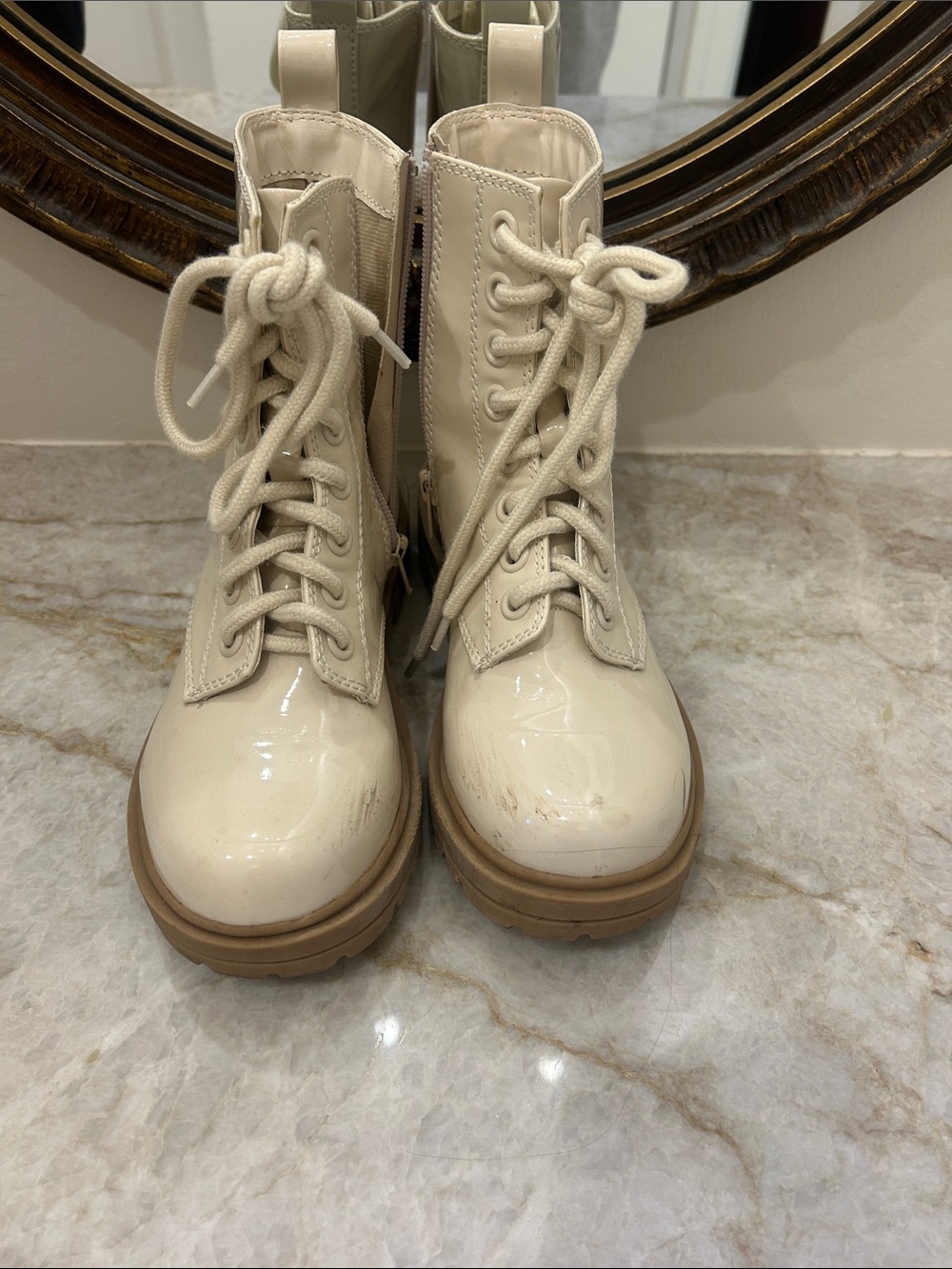 Soda Cream Lace-Up Combat Boots with Tan Sole